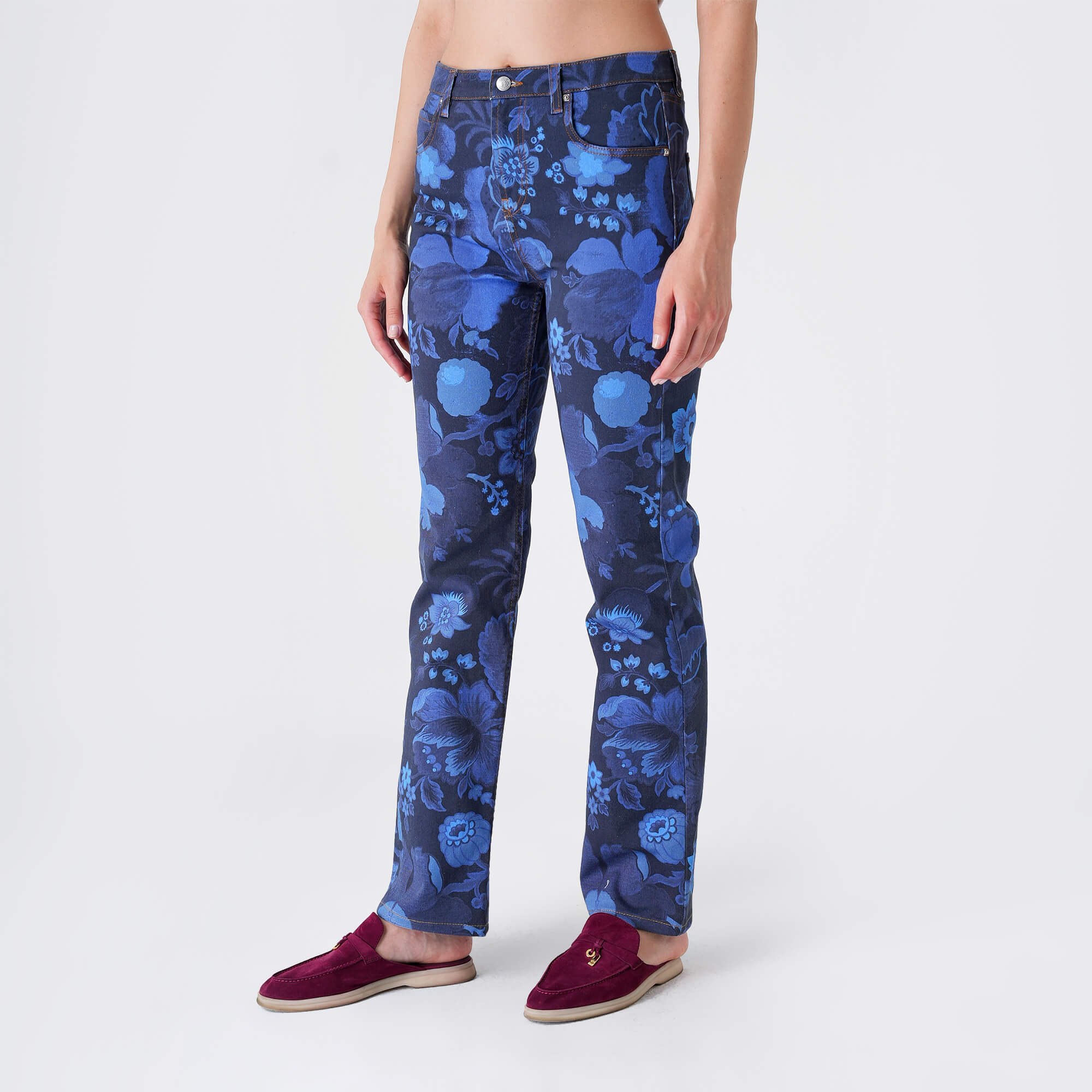 Etro - Navy Denim Floral Print Cotton Jeans